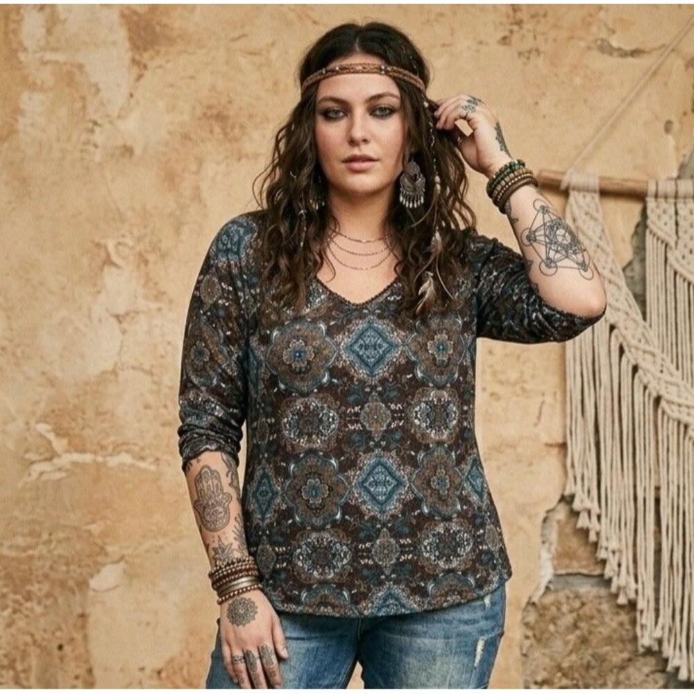Vintage Y2K Faded Glory Paisley Bell Sleeve Top Plus 4X Brown Boho Grunge
